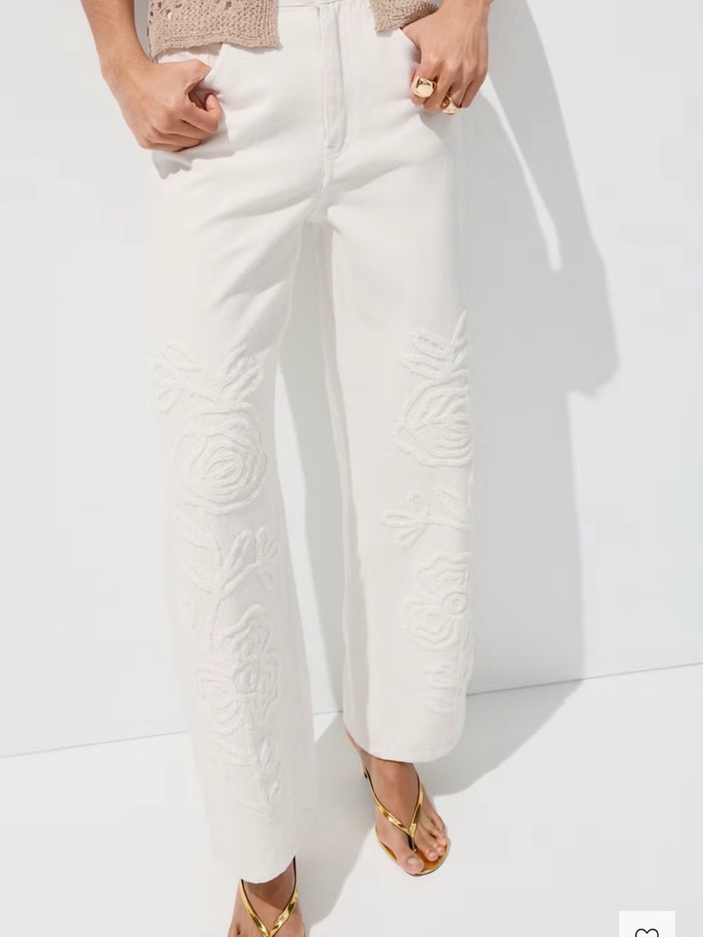 Mango White Embroidered Wide-Leg Jeans